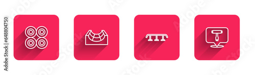 Set line Skateboard wheel, park, stairs with rail and T tool with long shadow. Red square button. Vector