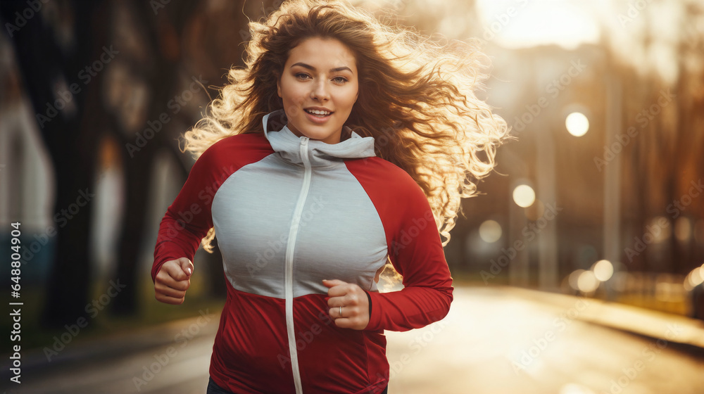 Obraz premium Plus-size woman running in the park. Generative AI