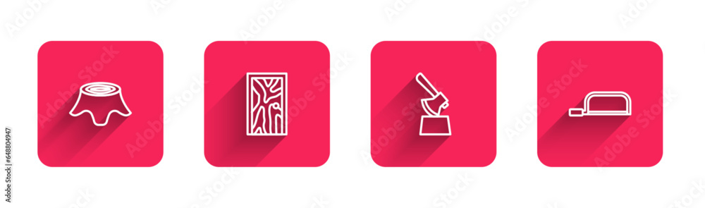 Set line Tree stump, Closed door, Wooden axe in and Hacksaw with long shadow. Red square button. Vector Set line Tree stump, Closed door, Wooden axe in and Hacksaw with long shadow. Red square button. Vector