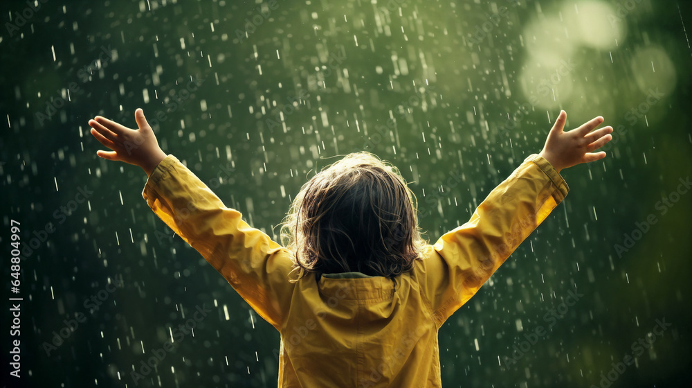 child enjoying the rain outdoors. Generative AI - obrazy, fototapety, plakaty 