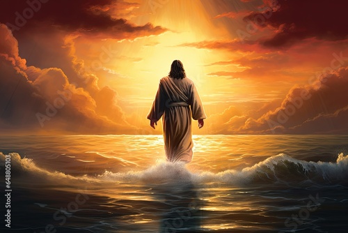 The figure of Jesus walks on water on a beautiful dramatic sunset background. Generative AI