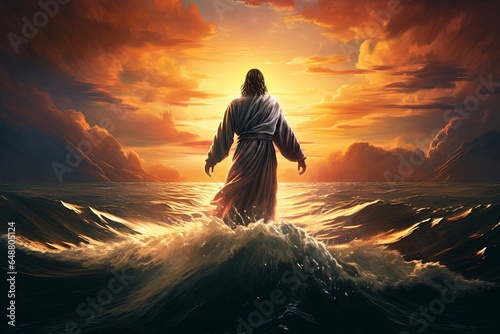 The figure of Jesus walks on water on a beautiful dramatic sunset  background.  Generative AI photo