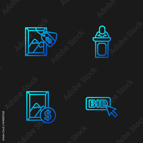 Set line Bid, Auction painting, and auctioneer sells. Gradient color icons. Vector