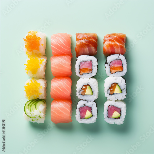 Sushi set with salmon, tuna, shrimp, avocado and cucumber on a blue background. AI Generative