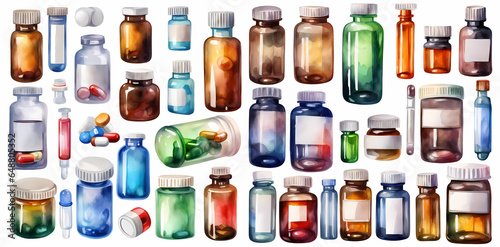 Set of medicine bottle and pills