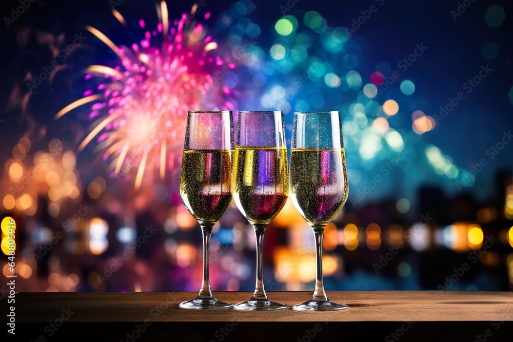 Three wine glasses with a background of colorful fireworks copy space Three wine glasses with a background of colorful fireworks copy space