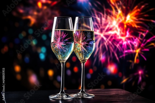 Two wine glasses with a background of colorful fireworks copy space