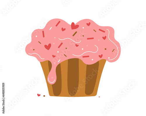 Cake and hearts. Sweets Day. Sweet cream cake . Valentines Day, wedding, decor.  Design for cards. Vector illustration. Isolated background.	