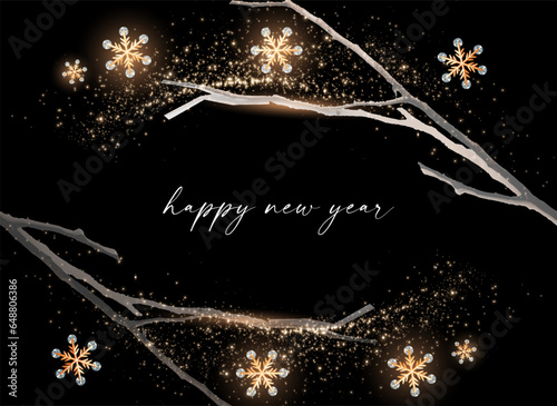 Happy New Year design template with winter btanck and shining snow. photo