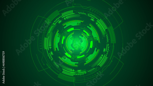 Green color digital technology HUD elements and fingerprint Scanning lock system illustration background.