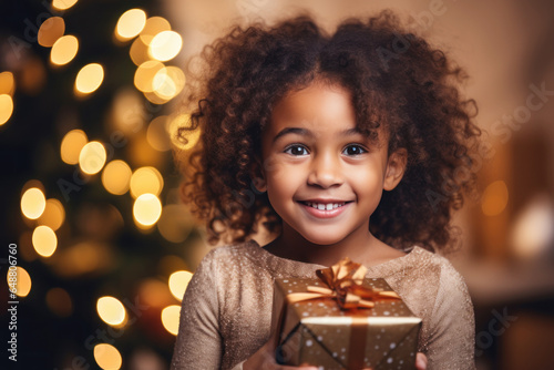 African girl smile shaking christmas present, happy child gets gift © pariketan