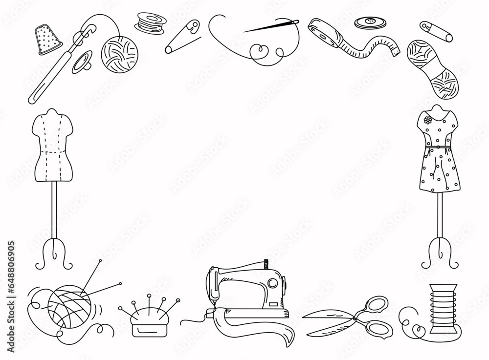 Frame Handmade, set with sewing elements. Sewing machine, threads, needles, mannequin, scissors. Black and white Vector illustration in doodle style. Background isolated. 	