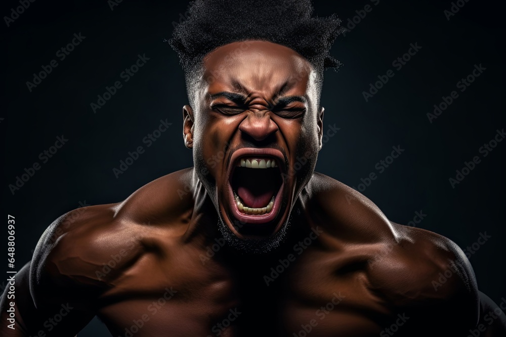 angry young black man expressing rage against the system shouting and yelling , very muscular and powerful setting boundaries with society, Generative AI 