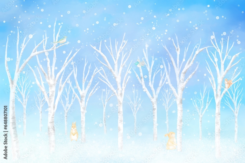 雪降る冬の森に小さな動物達が現れたイラスト。水彩イラストを使用した可愛らしい背景素材。 雪降る冬の森に小さな動物達が現れたイラスト。水彩イラストを使用した可愛らしい背景素材。