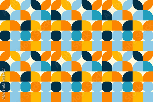 Colorful geometric mosaic seamless pattern illustration with creative abstract shapes. Modern scandinavian style background print. Trendy bright symbols and minimalist shape texture, geometry collage.
