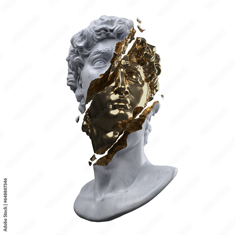 Abstract illustration from 3D rendering of a gold and white marble bust ...