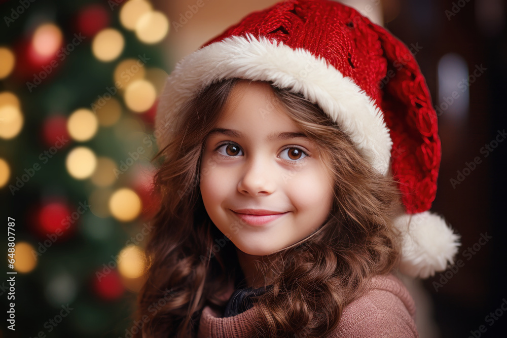 Happy girl smile with santa hat, christmas tree light decoration