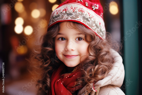 Happy girl smile with santa hat, christmas tree light decoration