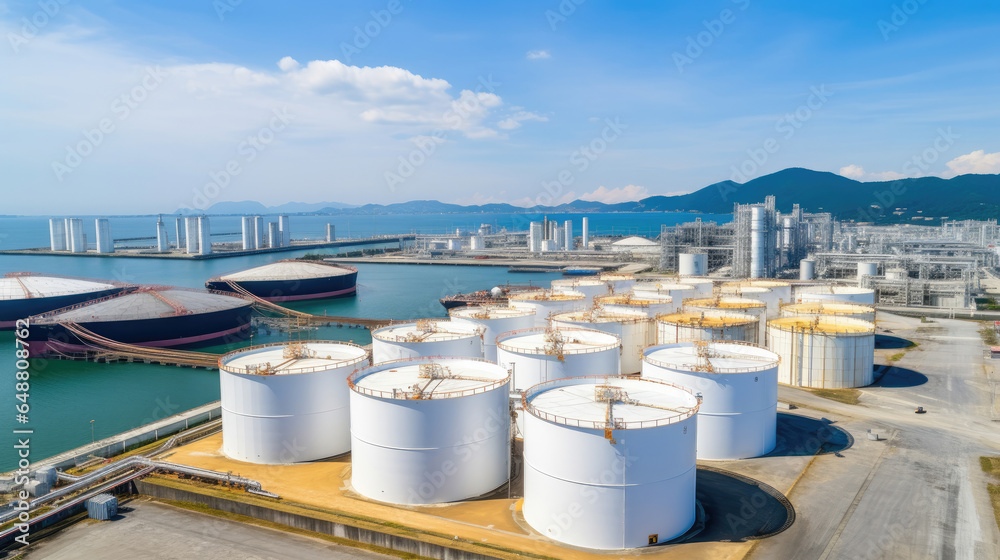 Aerial view oil terminal storage tank, White oil tank storage chemical petroleum petrochemical refinery product at oil terminal, Business commercial trade fuel energy transport by tanker ship vessel. Aerial view oil terminal storage tank, White oil tank storage chemical petroleum petrochemical refinery product at oil terminal, Business commercial trade fuel energy transport by tanker ship vessel.