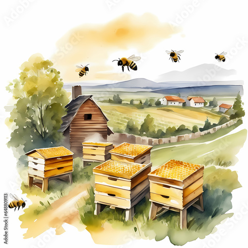 Rural landscape with apiary and bees