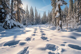 Tracks left by wildlife in the pristine snow, leading towards a dense, snow-covered forest, indicating the silent movement of nature