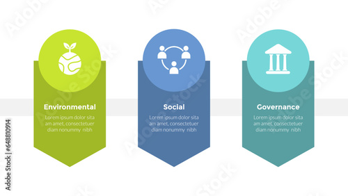esg environmental social governance infographics template diagram with down arrow direction and circle top 3 point step creative design for slide presentation