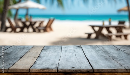 Empty modern wooden table on a summer beach, AI generated