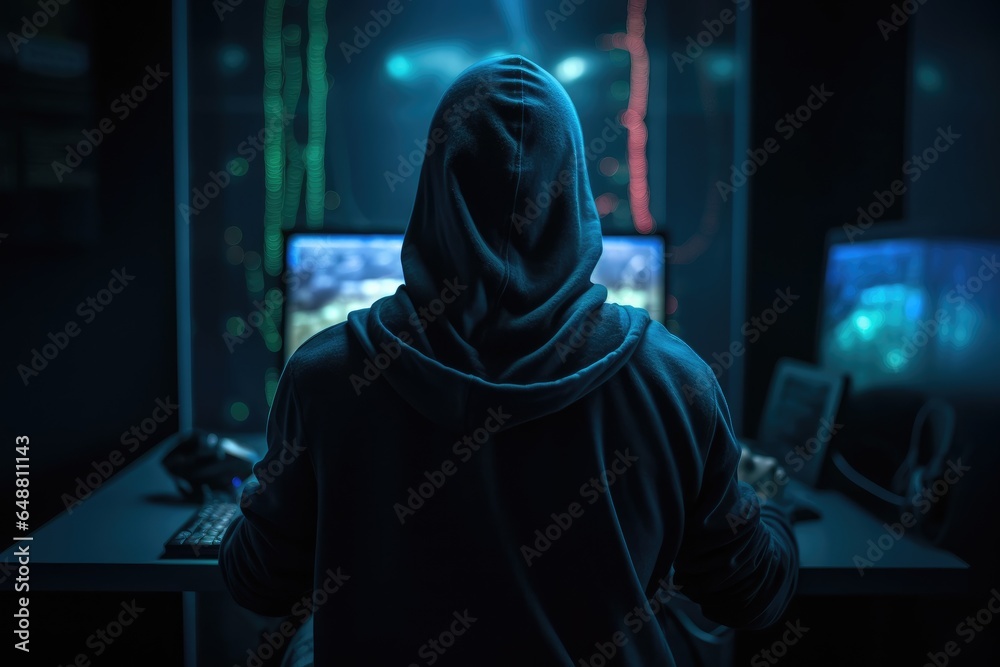 Back view of hacker wearing a hoodie sitting at their desk break into a secure network with their computer, AI generated Back view of hacker wearing a hoodie sitting at their desk break into a secure network with their computer, AI generated