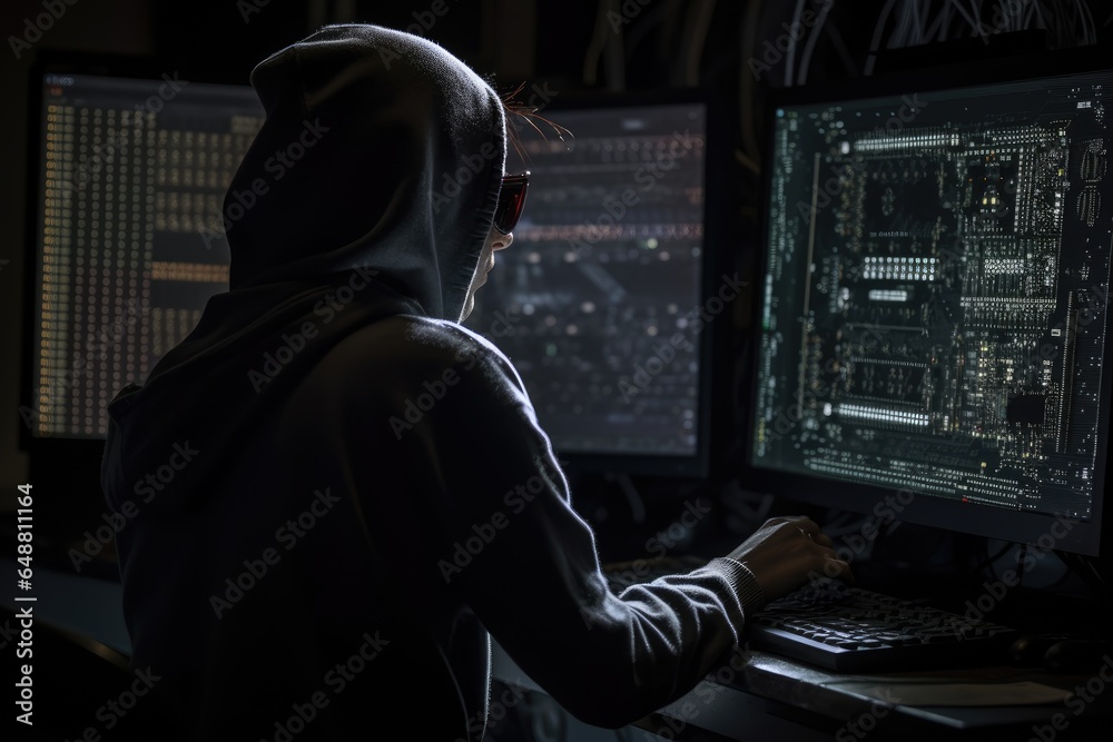 Fototapeta premium Back view of hacker wearing a hoodie sitting at their desk break into a secure network with their computer, AI generated