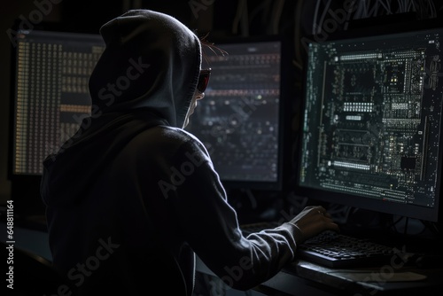 Back view of hacker wearing a hoodie sitting at their desk break into a secure network with their computer, AI generated