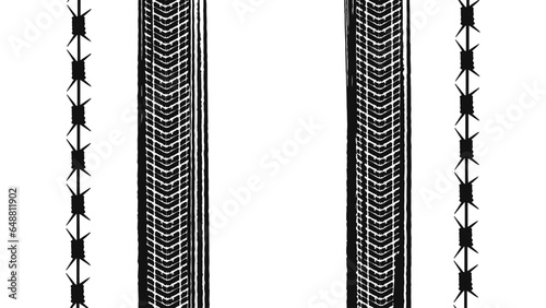 Military actions: tire tracks with thorny patches. Black tire print. Vector illustration isolated on white background.