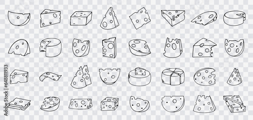 Cheese collection isolated on transparent background  hand drawn cheese outline vector illustration. Cheese sketch  doodle collection  cheese icon set