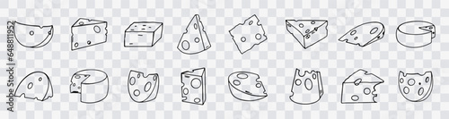Cheese collection isolated on transparent background, hand drawn cheese outline vector illustration. Cheese sketch, doodle collection, cheese icon set