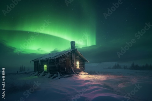 Cabin sky aurora night. Generate Ai photo