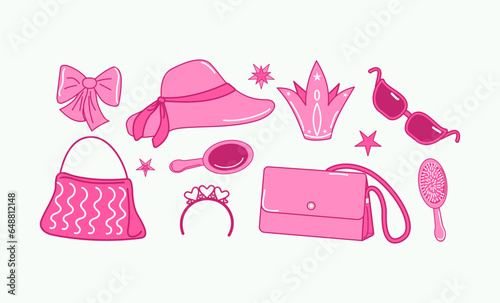 Pink fashion set, pink doll accessories. Barbiecor collection. Bag, clutch, cosmetic bag, hair accessories, hat, princess crown. Vector illustration, isolated background.