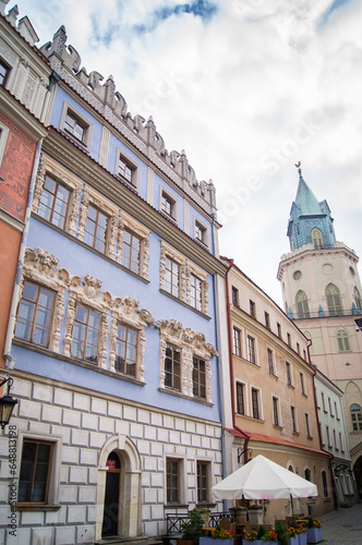 Facade of a beautiful building on the main square in Lublin. Poland. Sky. Old town. Old architecture. Classic.