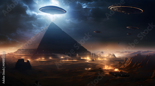 ufo in the night over the ancient city and pyramid