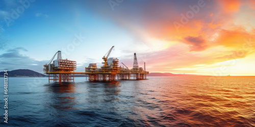 Panorama view of offshore oil and Gas processing platform in sunset time, Concept of exploration and petroleum production industry in the sea.