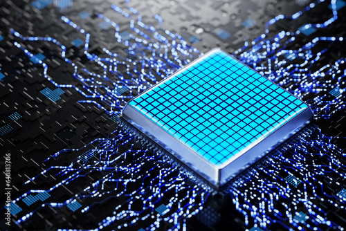 Abstract microelectronics technology concept. Abstract microchip. Conventional technologies. New microprocessor. Memory chips and central processor on an electronic board. 3d render. photo