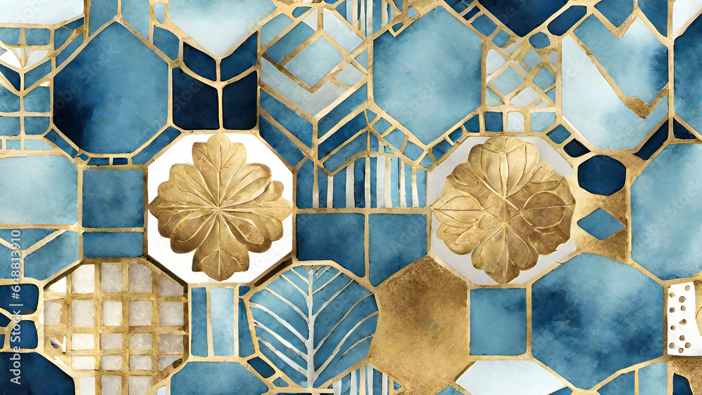 Abstract watercolor paint background by gradient deep blue color with liquid fluid grunge texture for background, banner gold