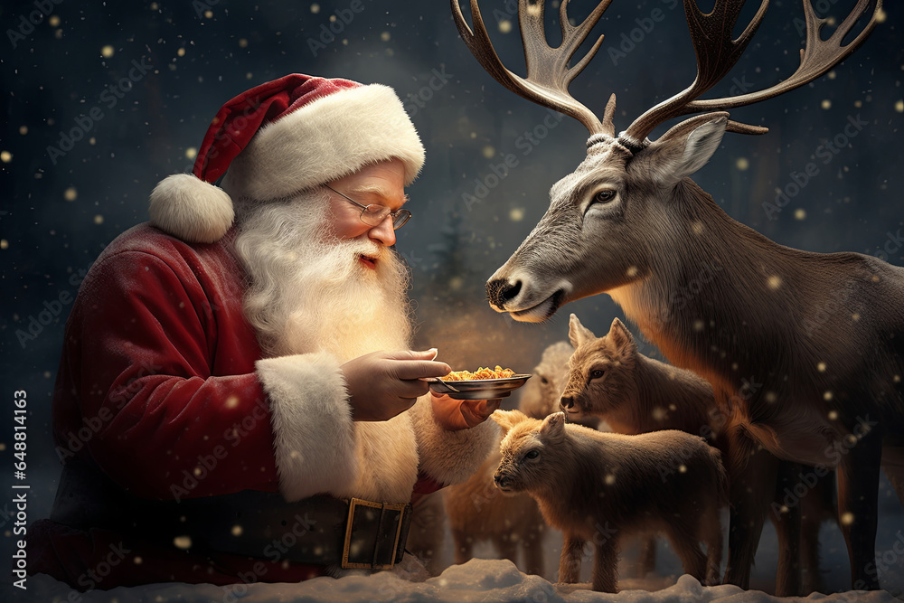 Digital art,santa reindeers, santa feeding reindeers, santa with animals, Rudolf, Generative AI 