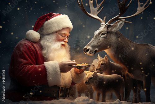 Digital art,santa reindeers, santa feeding reindeers, santa with animals, Rudolf, Generative AI 