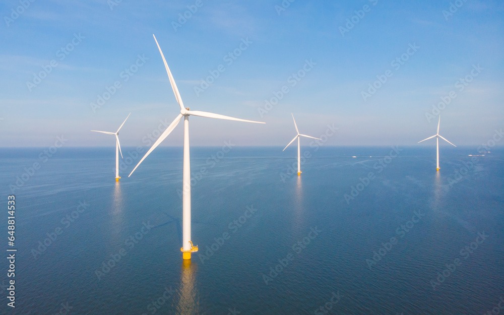 Aerial view of wind turbines at sea, North Holland, Netherlands