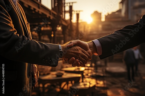 Two professionals, an engineer and a businessman, firmly shake hands at a bustling construction site.Generated with AI