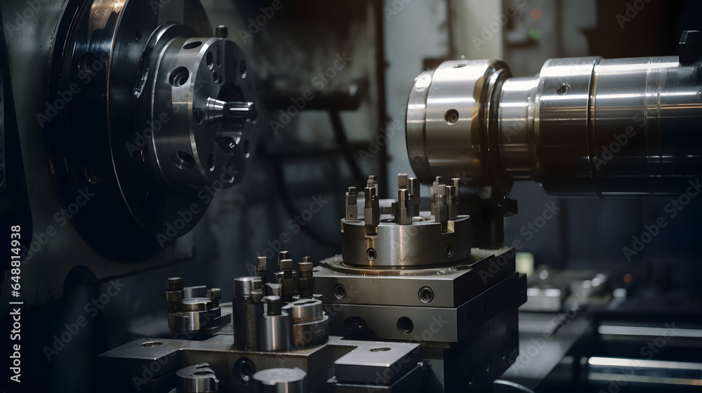 CNC turning drill milling factory processes steel turbine part process. Metal machine tools industry banner. Generation AI CNC turning drill milling factory processes steel turbine part process. Metal machine tools industry banner. Generation AI