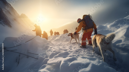 Rescuer man with dog in orange uniform search for missing people. Concept operation to rescue tourists from rubble from under snow after avalanche, sunlight