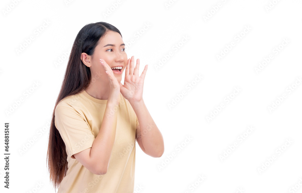 beautiful Asian business young woman screams announce the good news or promotion , holding hands near her face with open mouth Herald news promotion on white background beautiful Asian business young woman screams announce the good news or promotion , holding hands near her face with open mouth Herald news promotion on white background