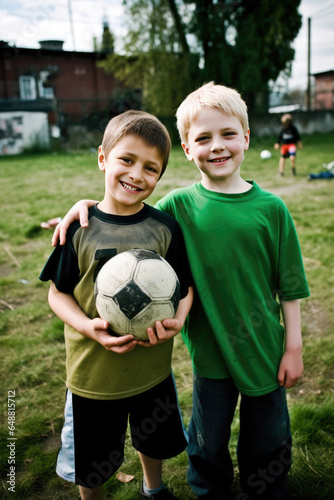 Young football player photo together on football field, AI generated © Nattawat