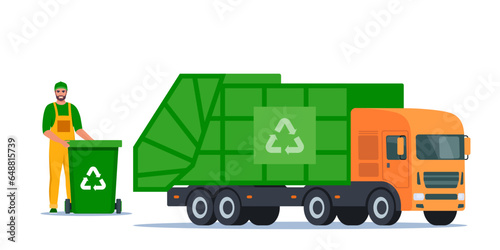 Garbage truck and sanitation worker. Garbage man in uniform with trash bin and recycling symbol on it. Garbage sorting. Zero waste, environment protection concept. Vector illustration.