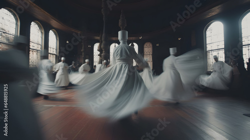 Sufi Dervish Whirling Silhouette in white dress, Turkey. Generation AI. photo